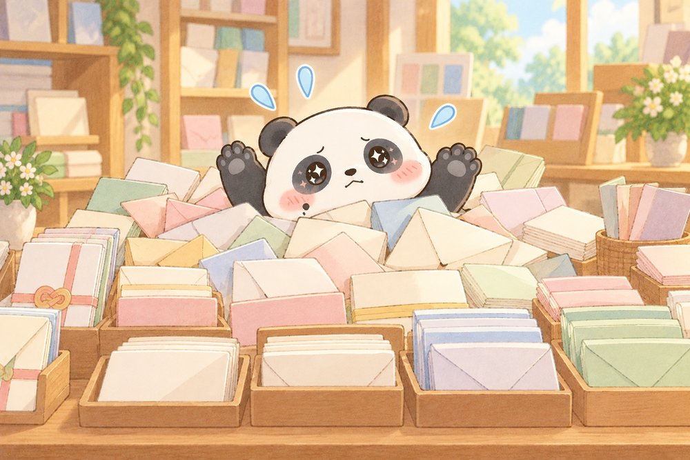 封筒の山に埋もれて困り顔のパンダのナビ助