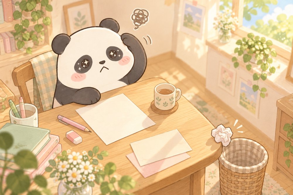 書き損じた便箋を見て反省するパンダのナビ助
