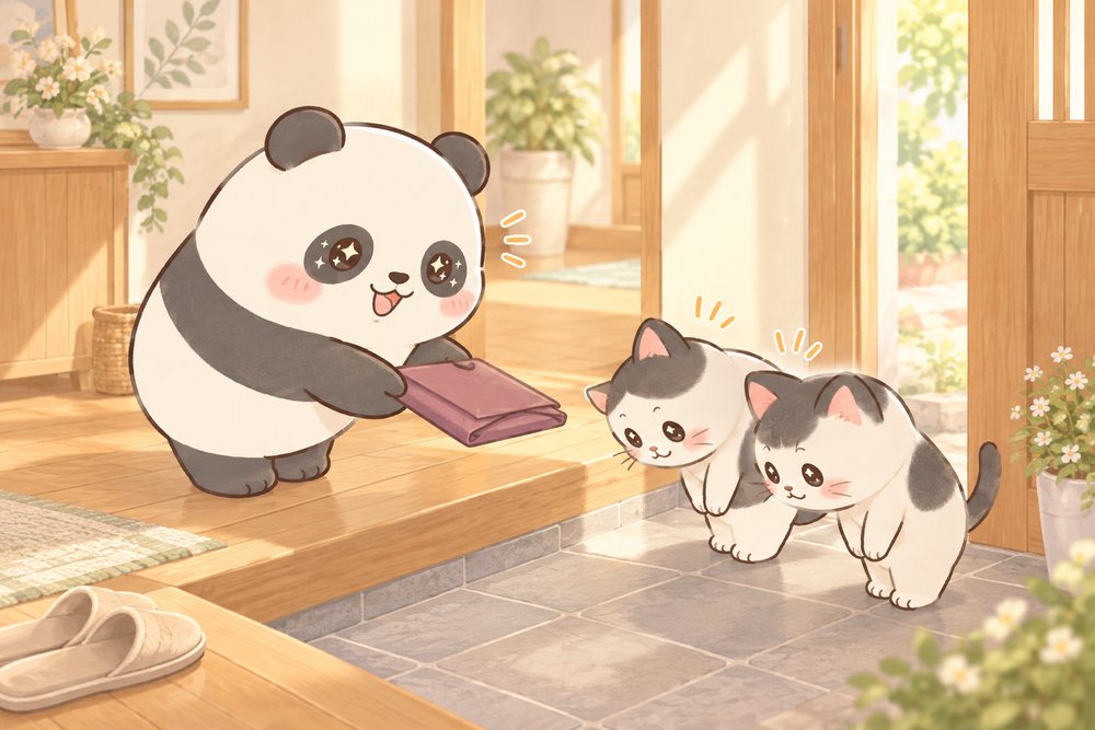 ふくさに包んだ祝儀袋をていねいに差し出すパンダのナビ助