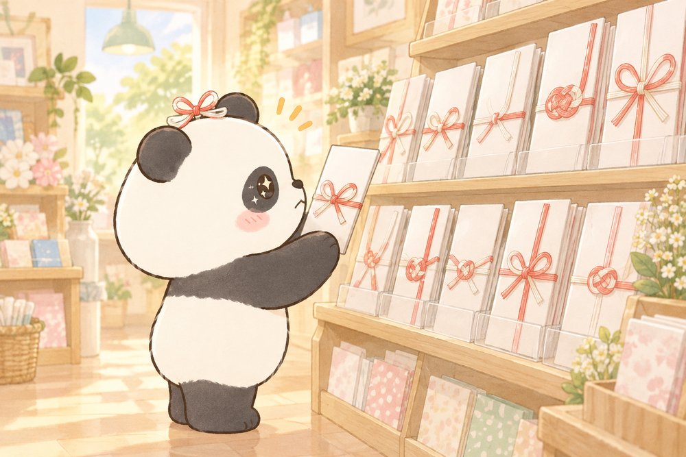 文房具店でのし袋を見比べるパンダのナビ助