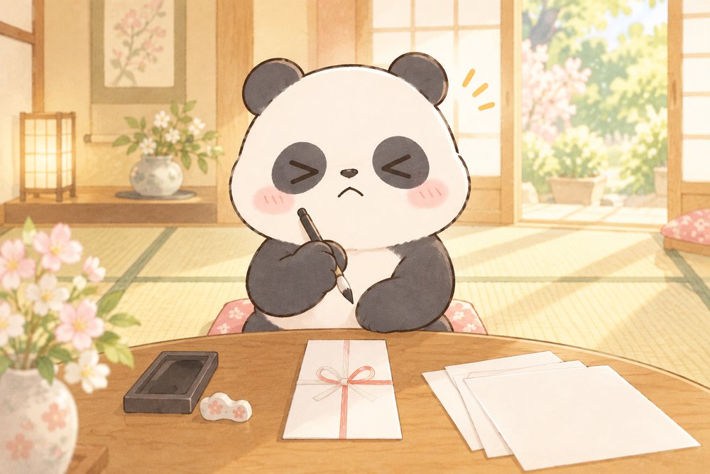 筆ペンを持って書く前に集中するパンダのナビ助