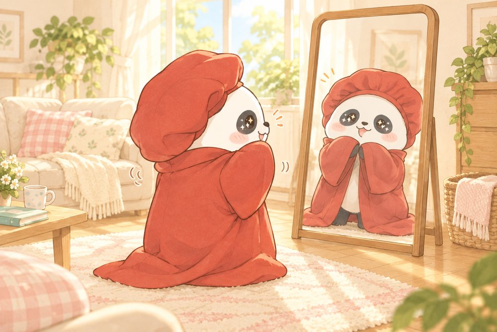 大きすぎる赤いちゃんちゃんこを試着するパンダのナビ助
