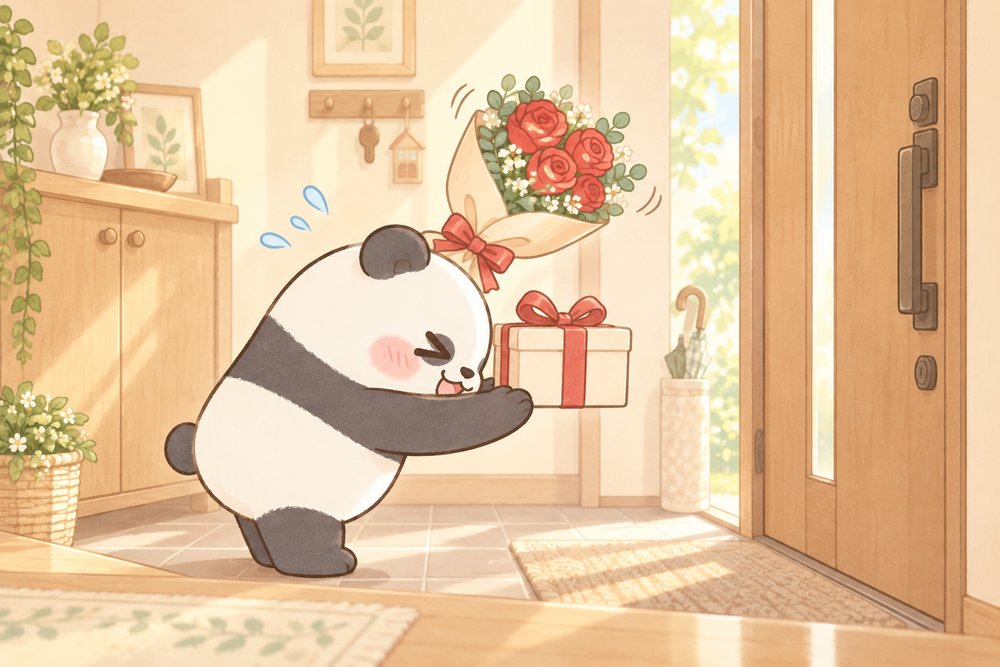 玄関で還暦祝いの花束とギフトを差し出すパンダのナビ助