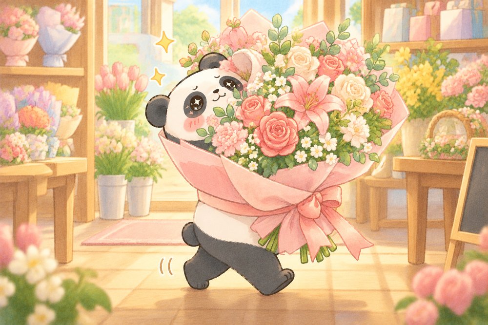 大きな花束を抱えてドヤ顔で歩くパンダのナビ助