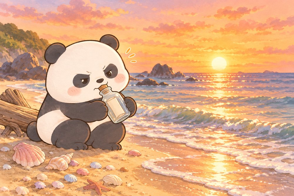 夕暮れの海辺でメッセージ入りの瓶を手にするパンダのナビ助