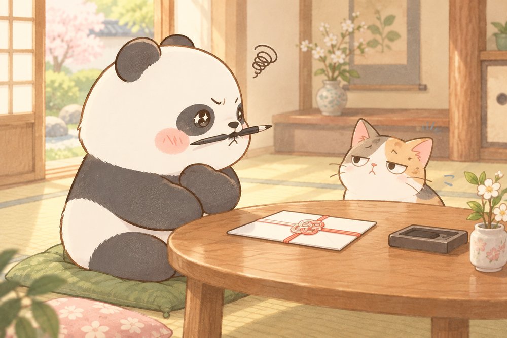 のし袋の書き方を考えるパンダのナビ助