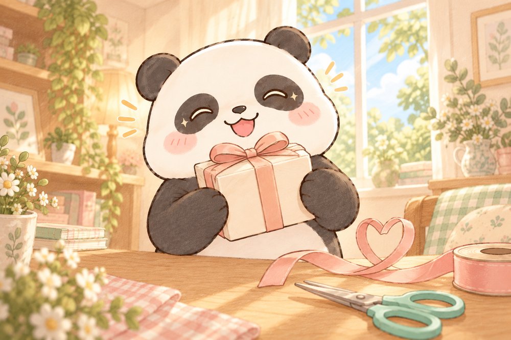 包み終えたギフトを胸の前に持つパンダのナビ助