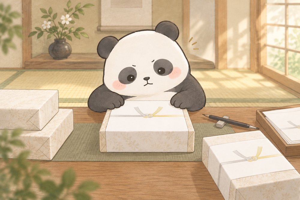 引き出物の箱にのし紙をかけるナビ助