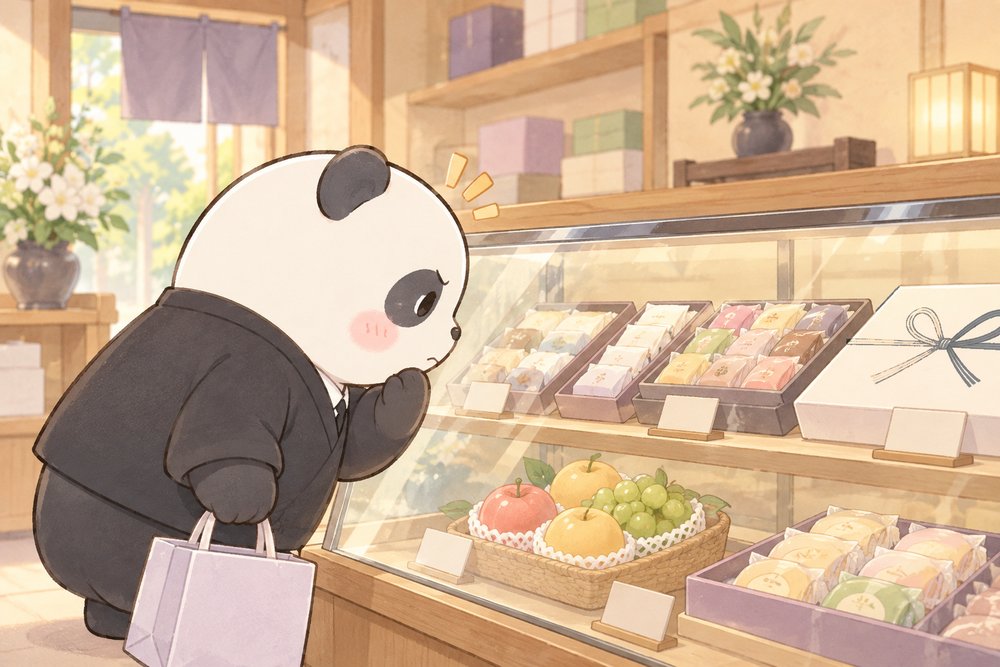和菓子屋さんで法事のお供え物を選ぶナビ助