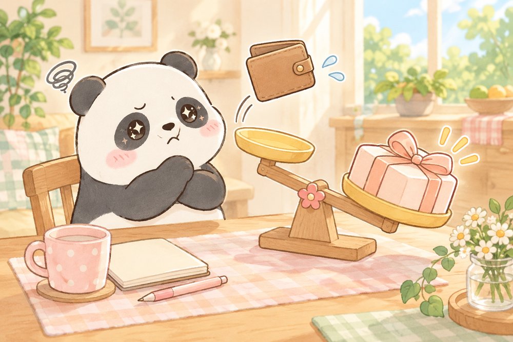 予算を天秤にかけて考え込むパンダのナビ助