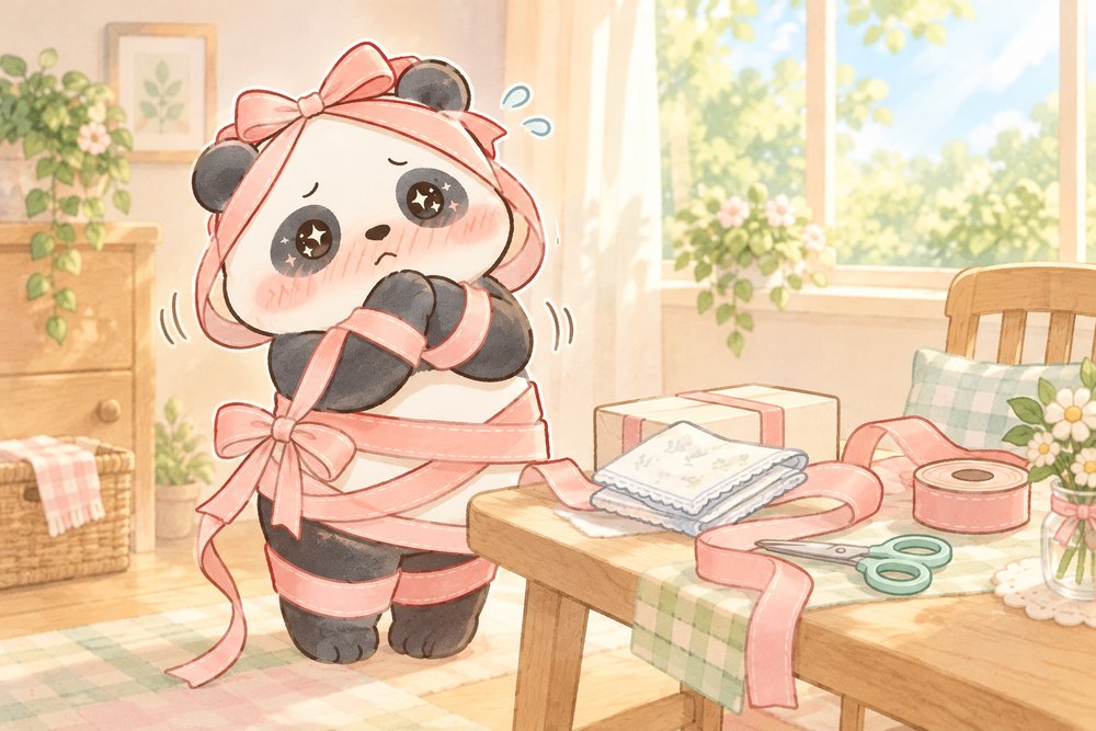 リボンでぐるぐる巻きになって照れるパンダのナビ助