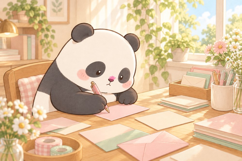 鼻にインクをつけたまま真剣にお祝いのカードを書くパンダのナビ助