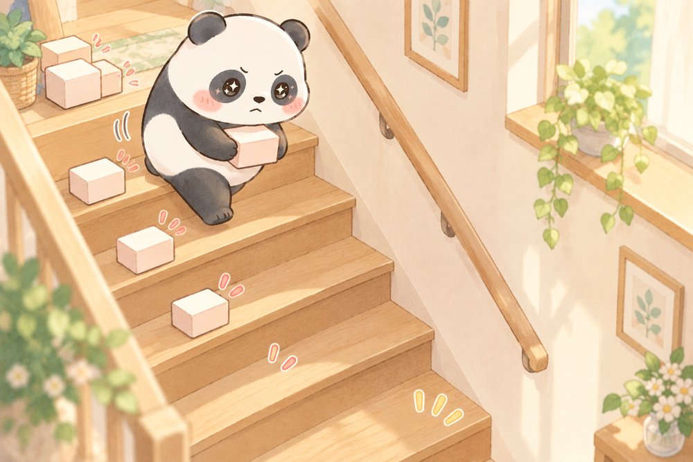 箱を1個ずつ置きながら階段を下りるパンダのナビ助