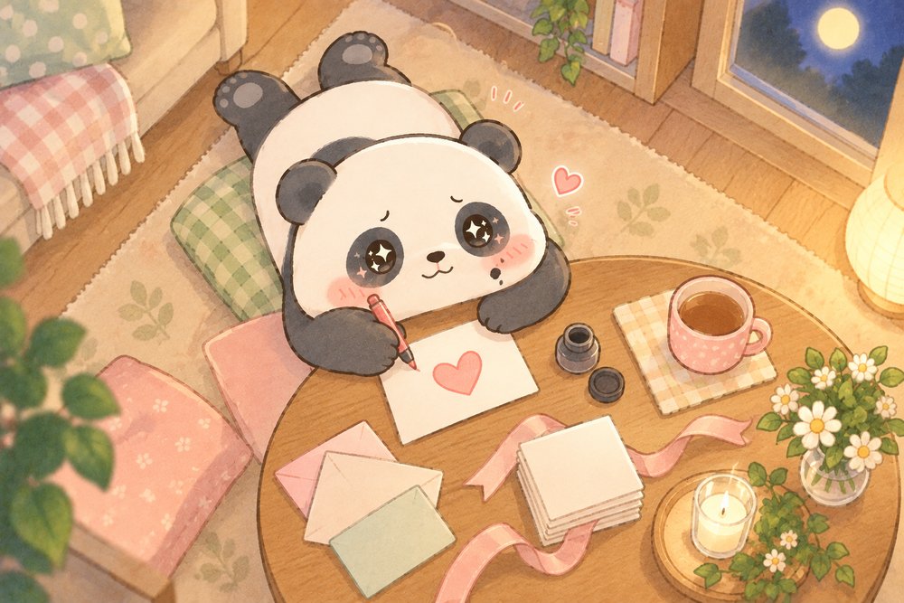 感謝のカードを寝そべって書くパンダのナビ助