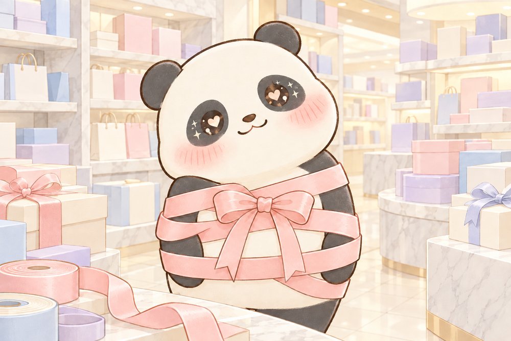 デパートのギフト売り場でリボンに巻かれて照れるパンダのナビ助