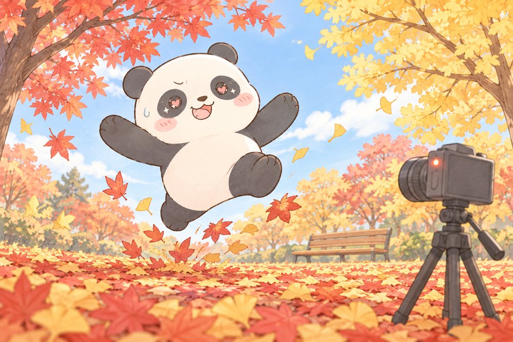 紅葉の公園で記念撮影に大ジャンプするパンダのナビ助